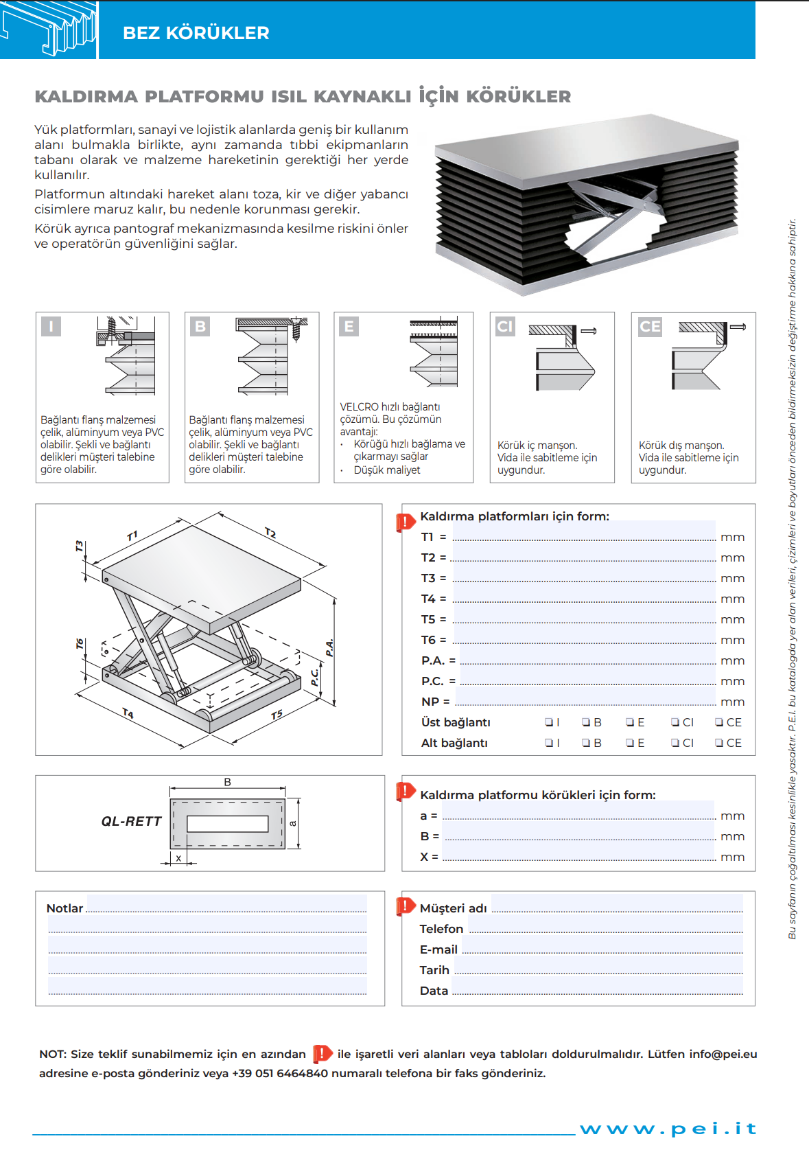 Kaldırma platformları için koruma körükleri